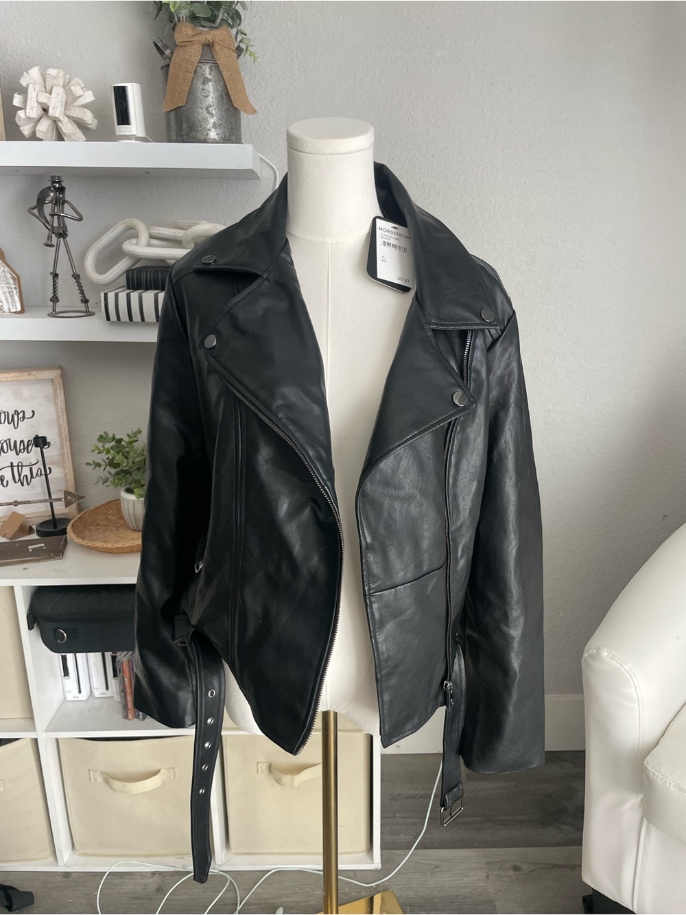 Nordstrom Black Leather Moto Jacket with Belt